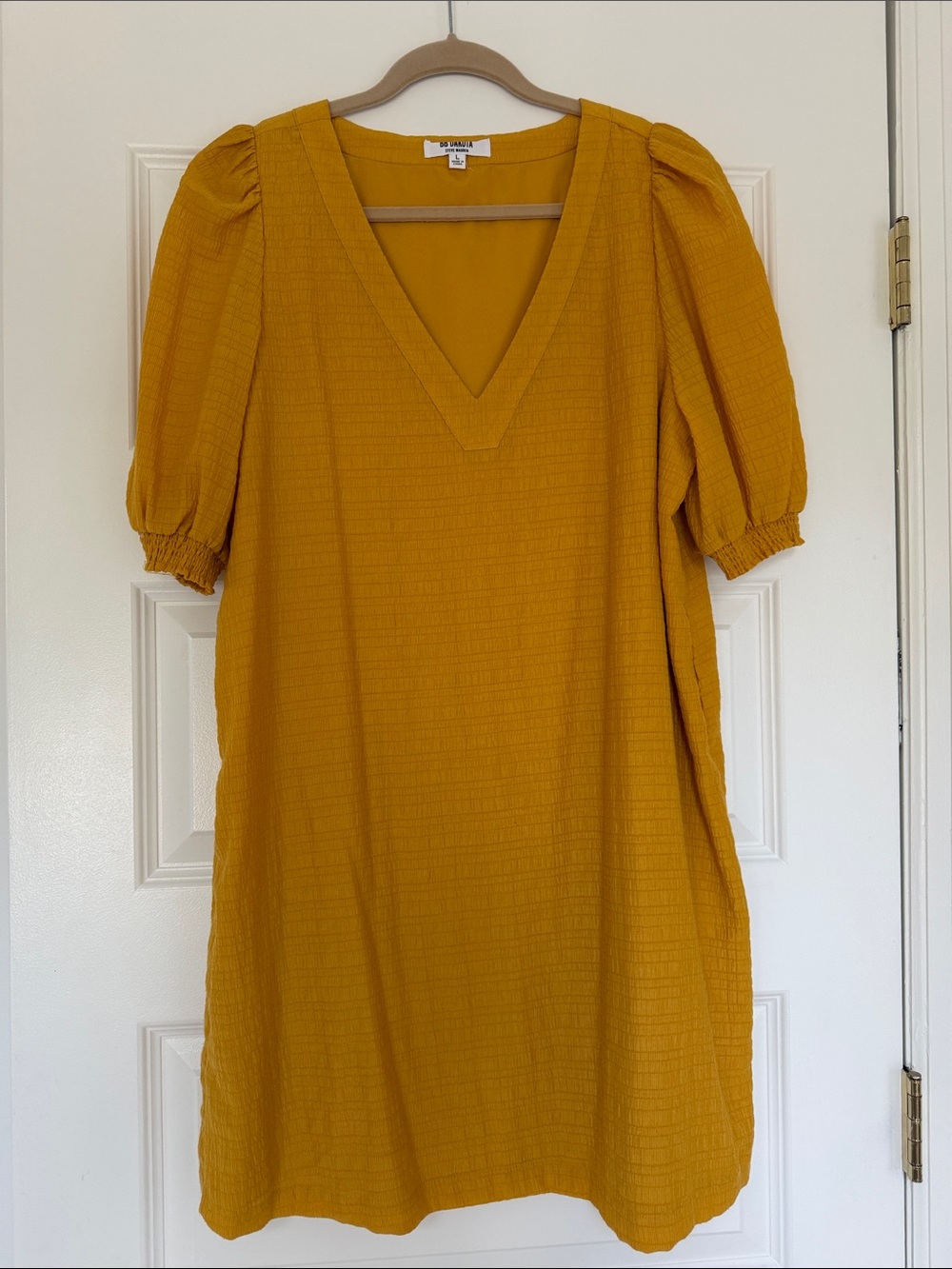Bb Dakota Mustard V-Neck Puff Sleeve Dress